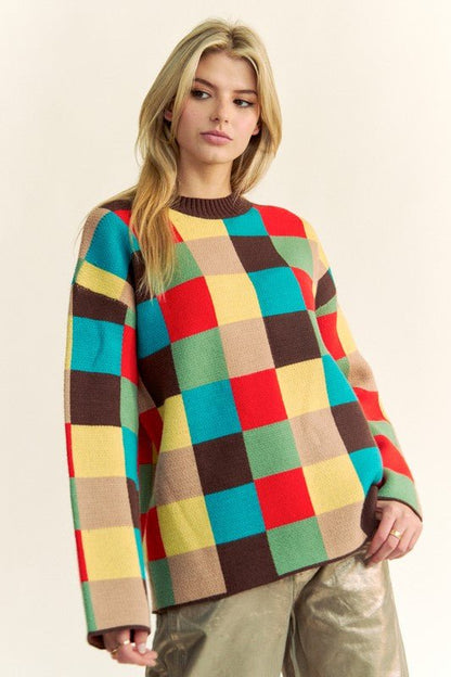 Davi & Dani Color Block Checkered Dropped Shoulder Sweater | Sweaters | 3