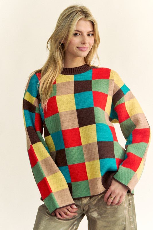 Davi & Dani Color Block Checkered Dropped Shoulder Sweater | Sweaters | 4