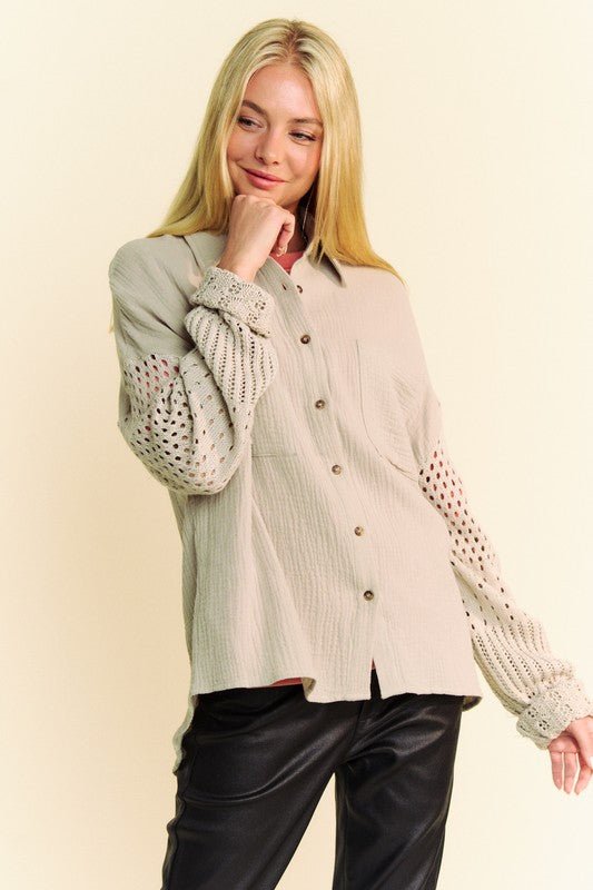 Davi & Dani Crochet Sleeve Crinkled Texture Shirt | Tops | 4