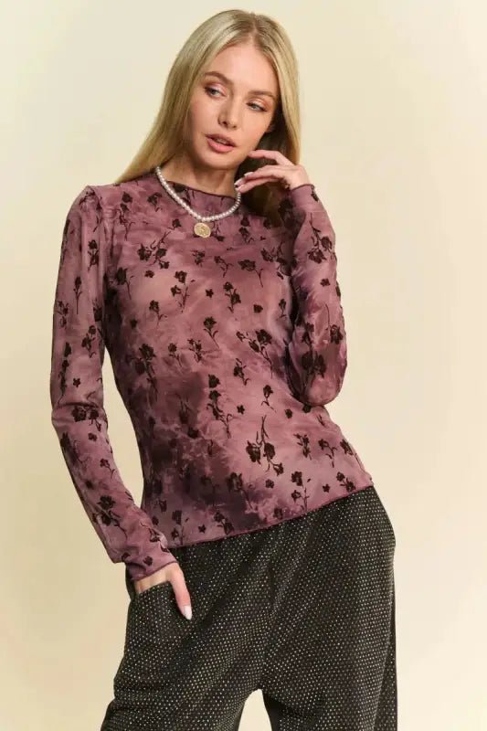 Davi & Dani Floral Mesh Long Sleeve Sheer Layering Top - BURGUNDY / S - Tops