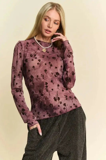 Davi & Dani Floral Mesh Long Sleeve Sheer Layering Top - BURGUNDY / S - Tops