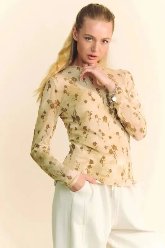 Davi & Dani Floral Mesh Long Sleeve Sheer Layering Top - CREAM LATTE / S - Tops