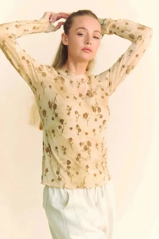 Davi & Dani Floral Mesh Long Sleeve Sheer Layering Top - Tops