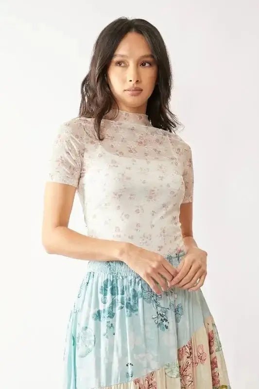 Davi & Dani Floral Mesh Mock Neck Short Sleeve Top - INDIAN PINK / S - Tops