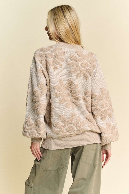 Davi & Dani Flower Texture Round Neck Dropped Shoulder Sweater | Sweaters | 2