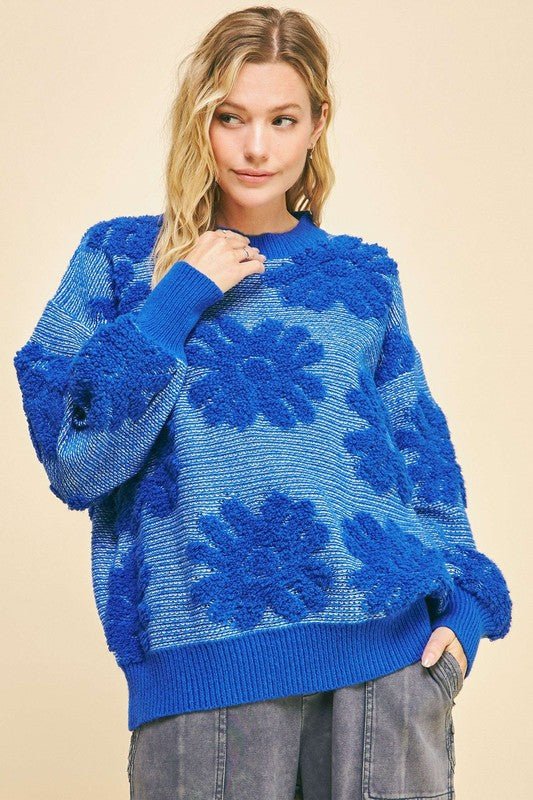 Davi & Dani Flower Texture Round Neck Dropped Shoulder Sweater | Sweaters | 1