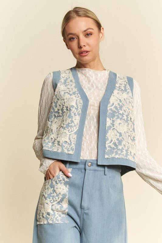 Davi & Dani Lace Patch Open Front Denim Vest | Vests | 4