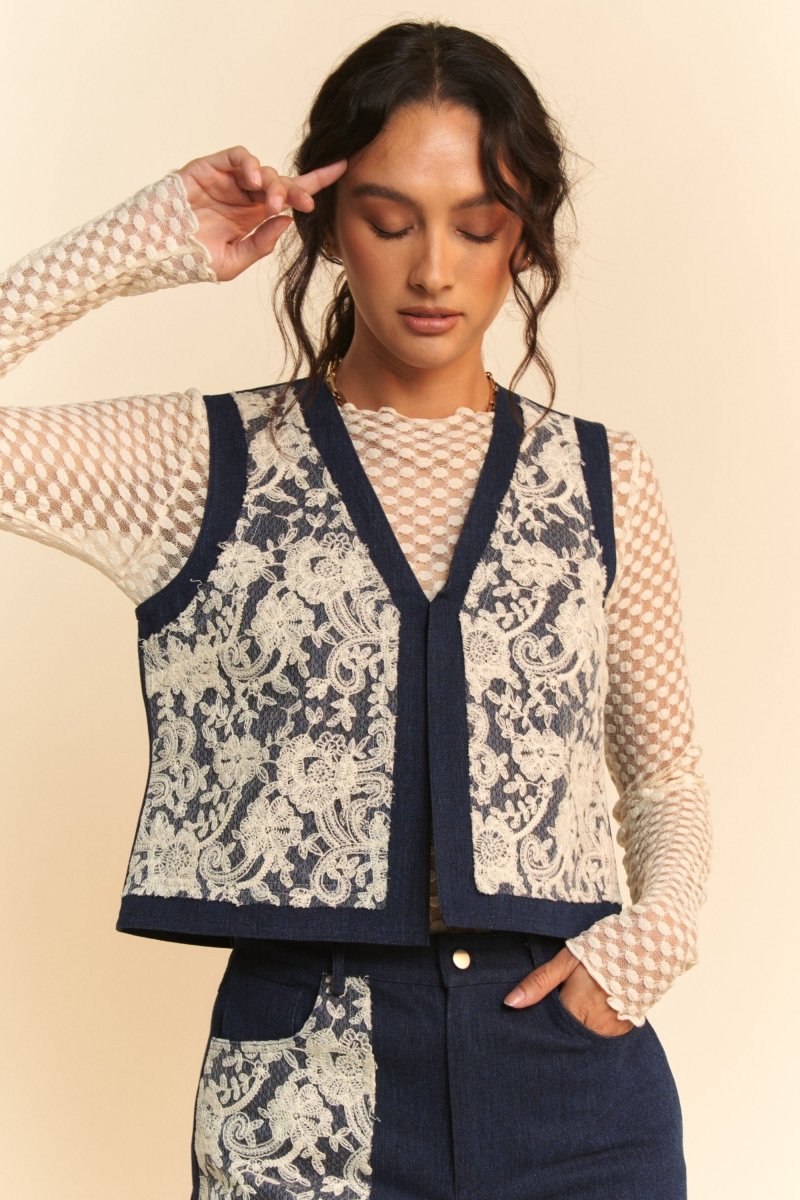 Davi & Dani Lace Patch Open Front Denim Vest | Vests | 3