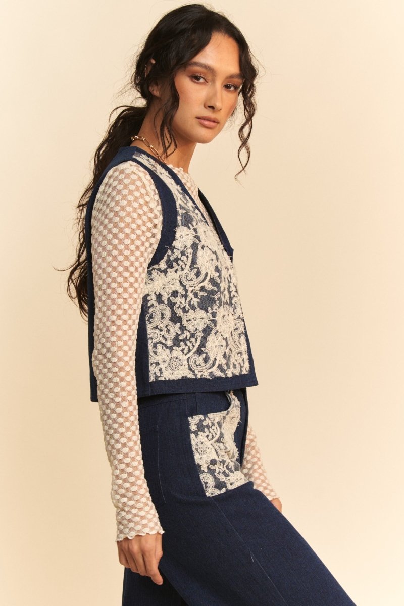 Davi & Dani Lace Patch Open Front Denim Vest | Vests | 7