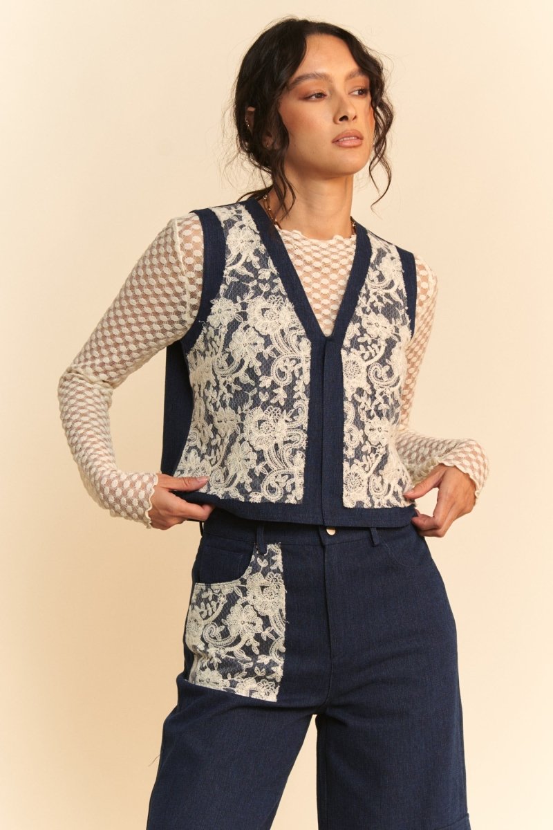 Davi & Dani Lace Patch Open Front Denim Vest | Vests | 6