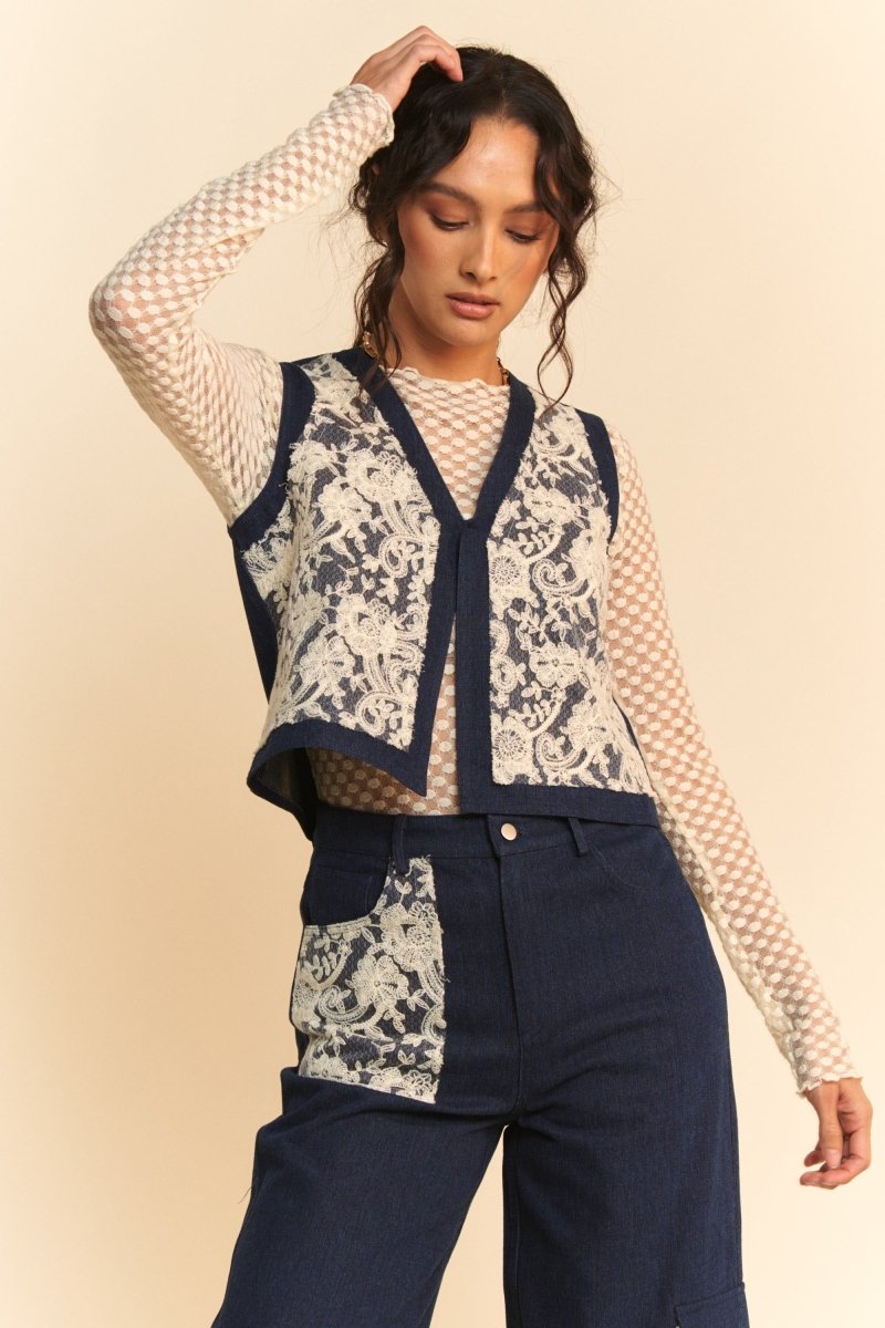 Davi & Dani Lace Patch Open Front Denim Vest | Vests | 4