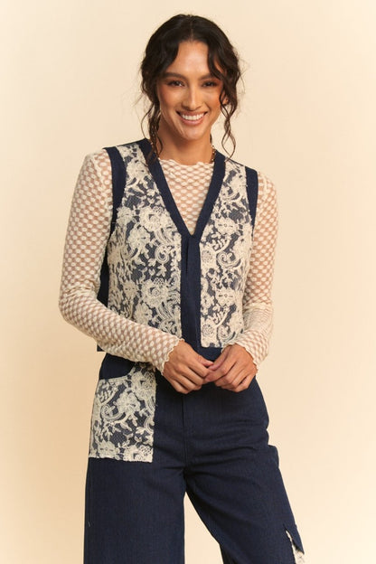 Davi & Dani Lace Patch Open Front Denim Vest | Vests | 5