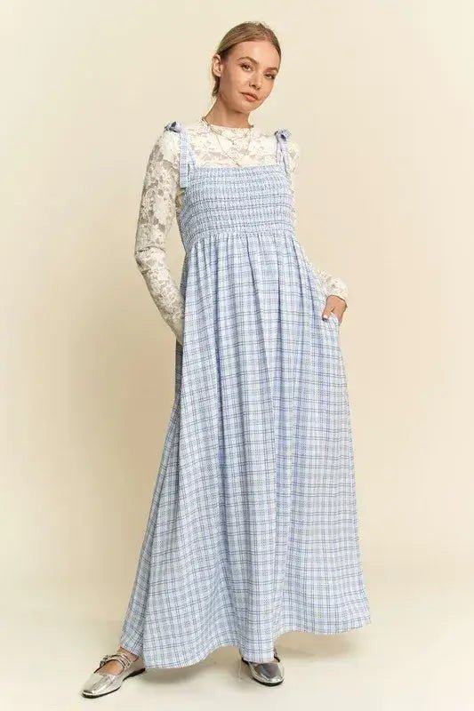 Davi & Dani Plaid Smocking Sleeveless Maxi Dress - Blue / S - Dresses
