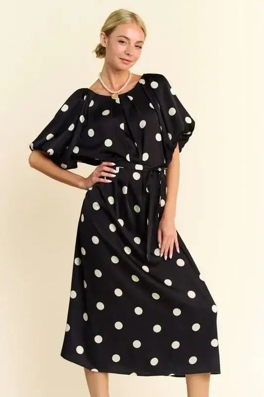 Davi & Dani Polka Dot Puff Sleeves Waist Tie Midi Dress - Black / S - Dresses