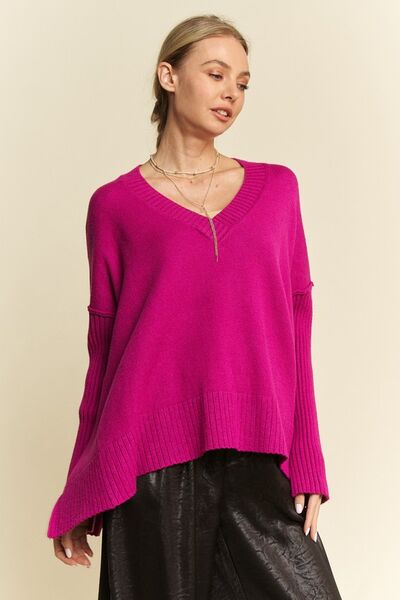 Davi & Dani Ribbed Side Slit V - Neck Sweater | Sweaters | 1