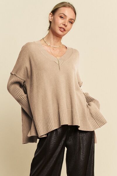 Davi & Dani Ribbed Side Slit V - Neck Sweater | Sweaters | 1