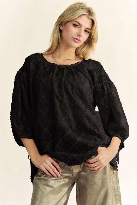 Davi & Dani Tied Round Neck Mesh Blouse | Sweaters | 1