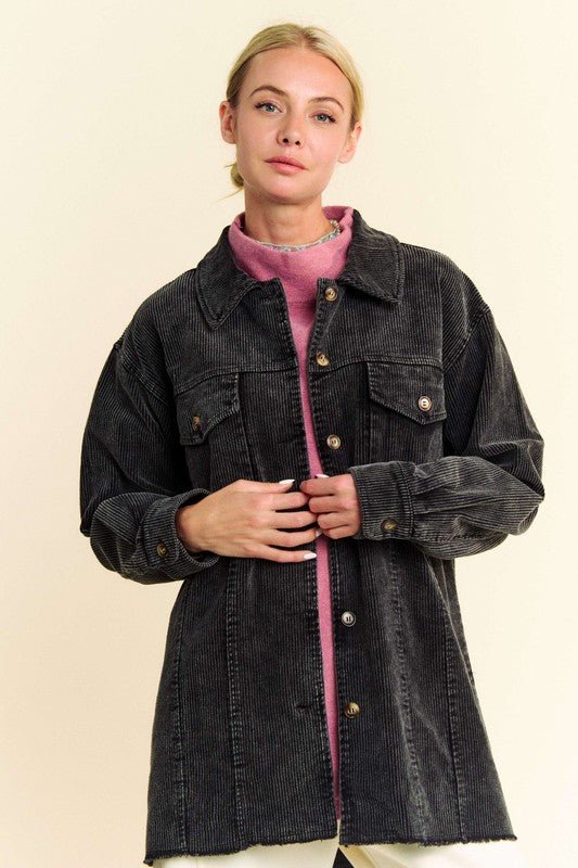 Davi & Dani Washed Corduroy Raw Hem Button Up Jacket | Jackets | 1