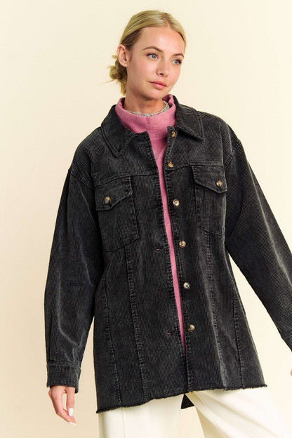 Davi & Dani Washed Corduroy Raw Hem Button Up Jacket | Jackets | 6