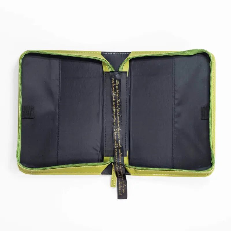 Divine Details: Green & Gold Palm Frond Bible Cover - Large (7’’ x 10’’ x 2’’) - Bible Covers open green zippered book