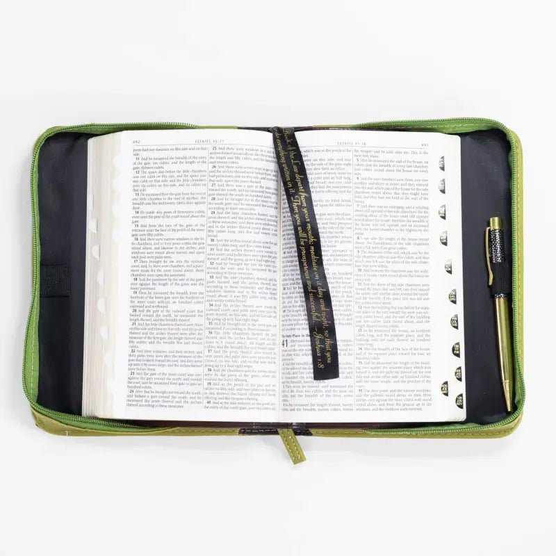 Divine Details: Green & Gold Palm Frond Bible Cover - Large (7’’ x 10’’ x 2’’) - Bible Covers open bible green case