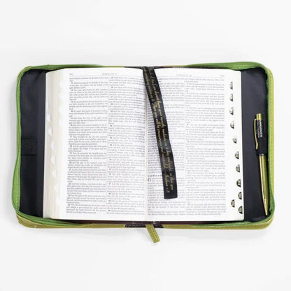 Divine Details: Green & Gold Palm Frond Bible Cover - Large (7’’ x 10’’ x 2’’) - Bible Covers open bible green case