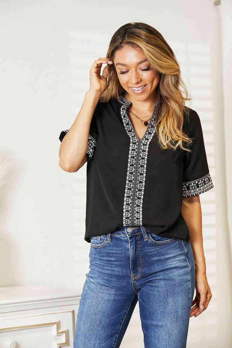 Double Take Embroidered Notched Neck Top | Tops | 3