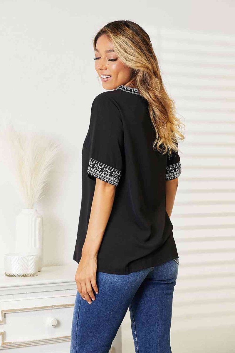 Double Take Embroidered Notched Neck Top | Tops | 2