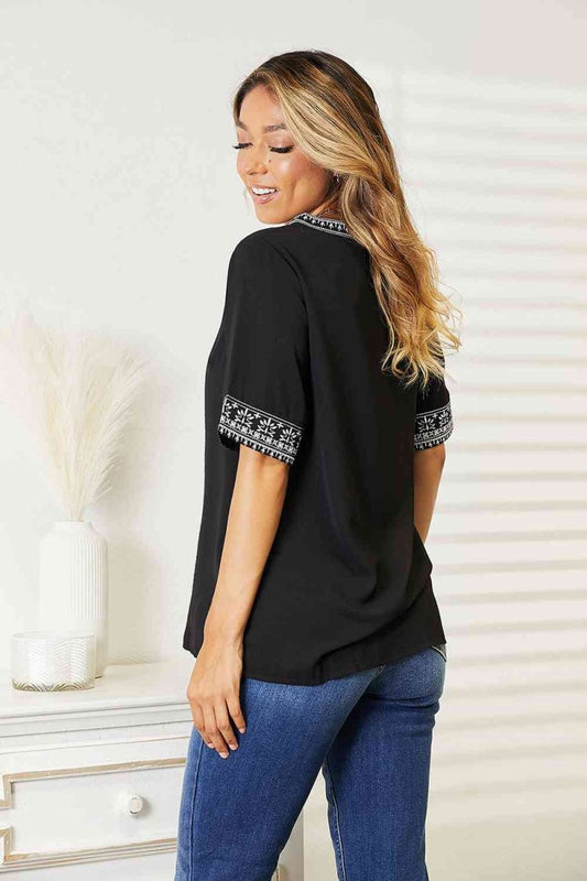 Double Take Embroidered Notched Neck Top | Tops | 2