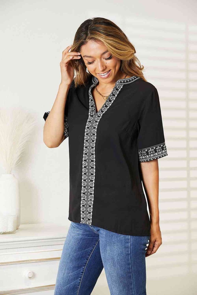 Double Take Embroidered Notched Neck Top | Tops | 5