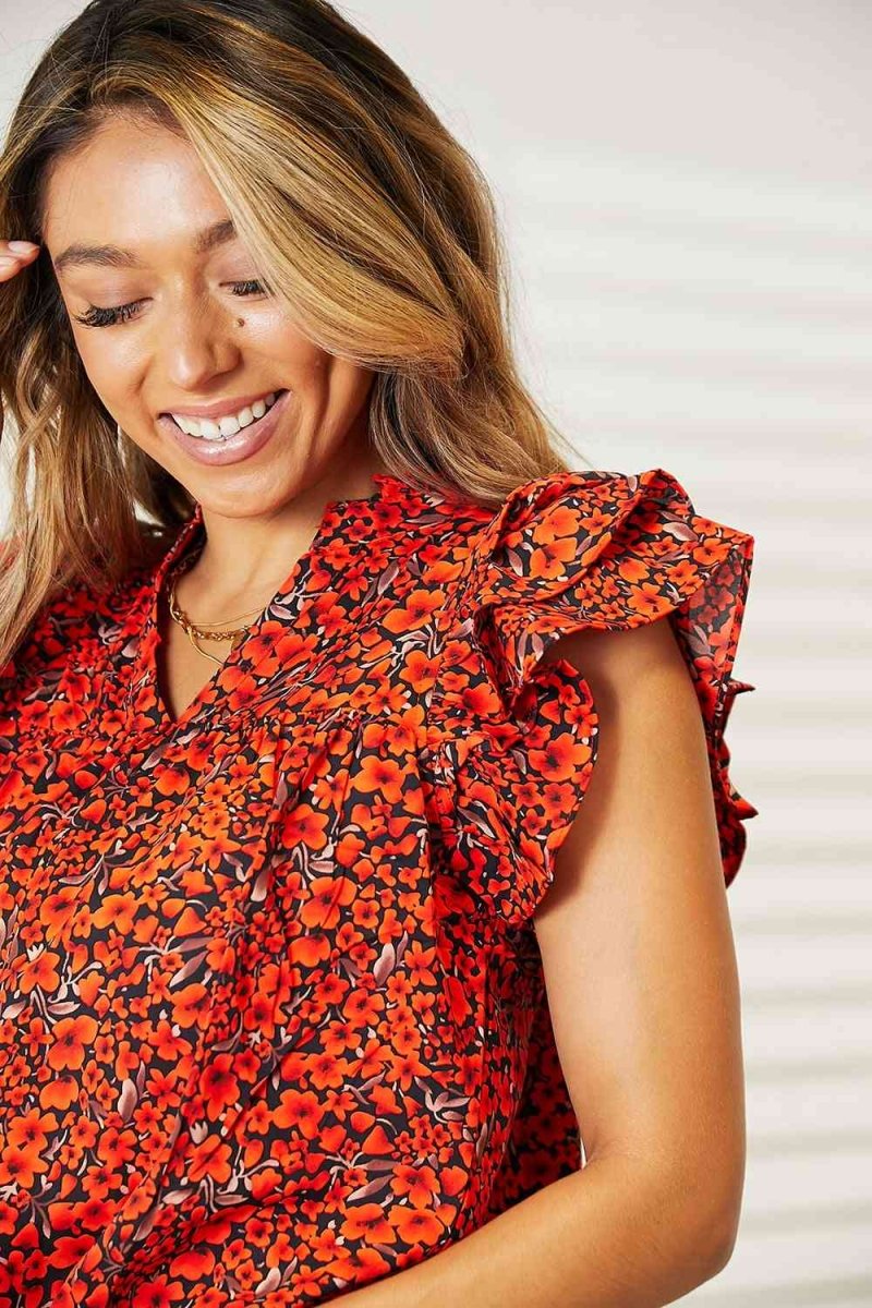 Double Take Floral Flutter Sleeve Notched Neck Blouse | Tops | 4