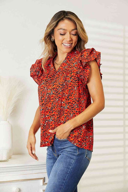 Double Take Floral Flutter Sleeve Notched Neck Blouse | Tops | 2