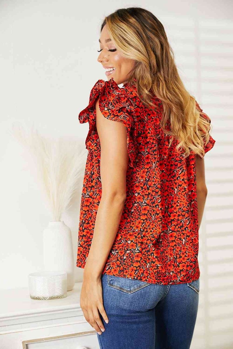 Double Take Floral Flutter Sleeve Notched Neck Blouse | Tops | 3