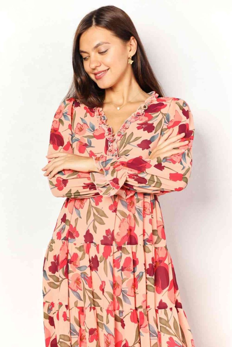 Double Take Floral Frill Trim Flounce Sleeve Plunge Maxi Dress | Dresses | 7