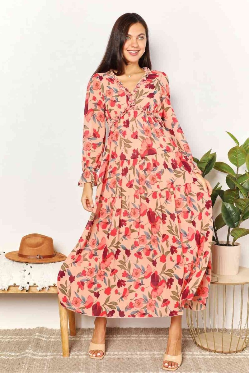 Double Take Floral Frill Trim Flounce Sleeve Plunge Maxi Dress | Dresses | 1