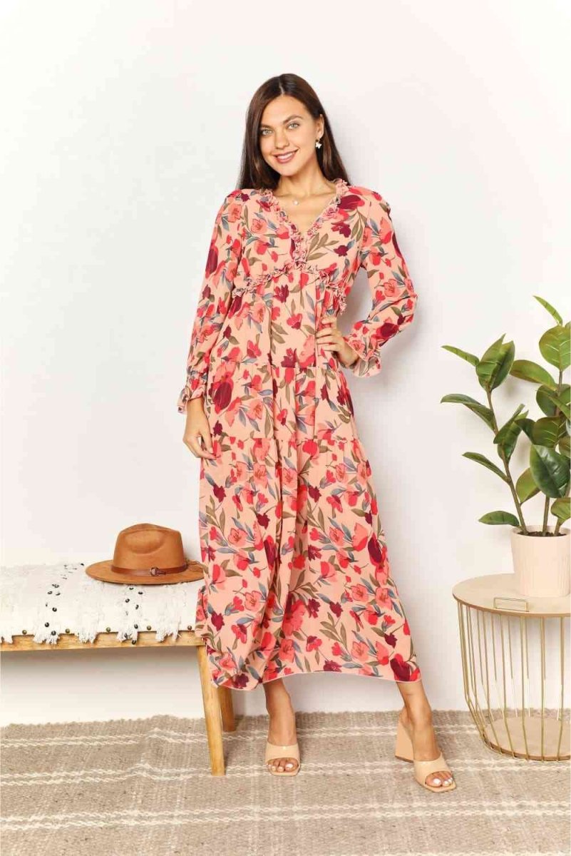 Double Take Floral Frill Trim Flounce Sleeve Plunge Maxi Dress | Dresses | 4