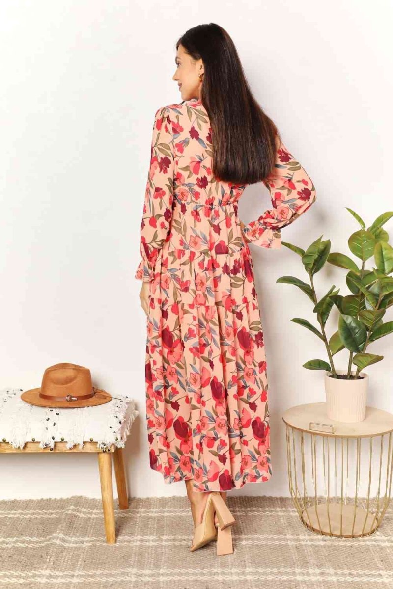 Double Take Floral Frill Trim Flounce Sleeve Plunge Maxi Dress | Dresses | 2