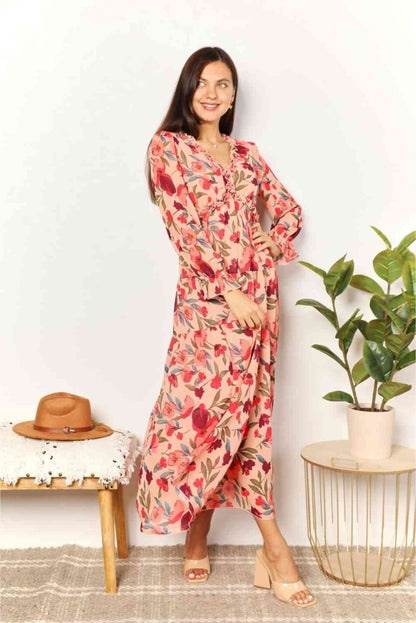 Double Take Floral Frill Trim Flounce Sleeve Plunge Maxi Dress | Dresses | 6