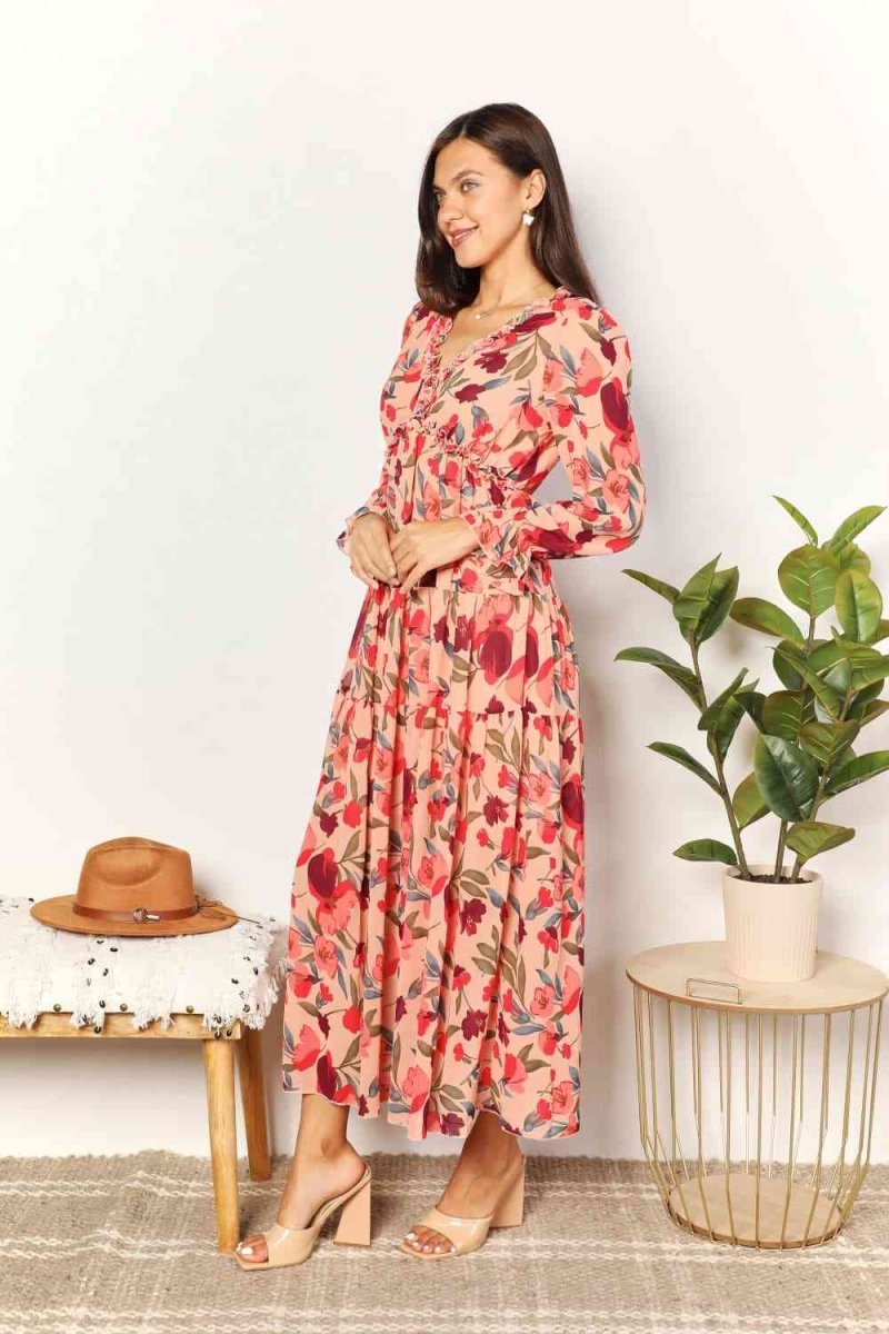 Double Take Floral Frill Trim Flounce Sleeve Plunge Maxi Dress | Dresses | 5