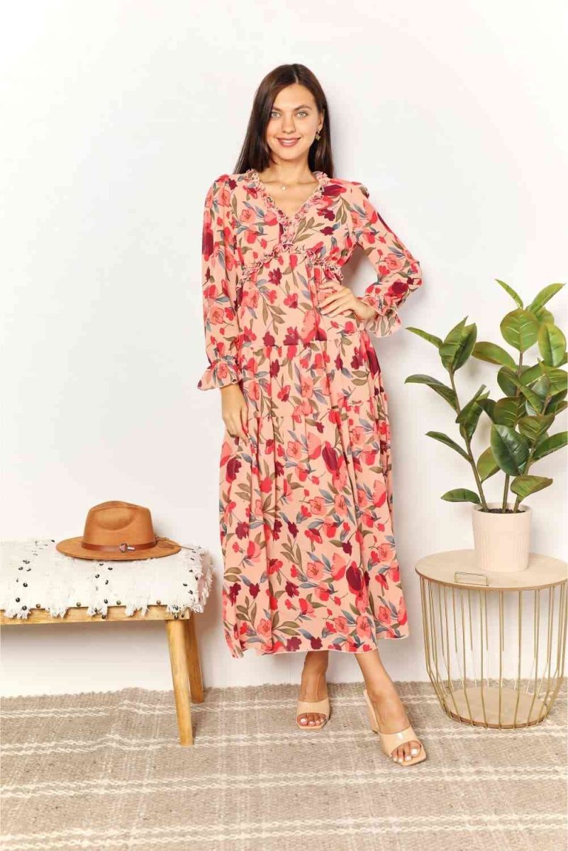 Double Take Floral Frill Trim Flounce Sleeve Plunge Maxi Dress | Dresses | 3