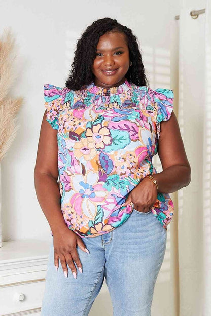 Double Take Floral Smocked Flutter Sleeve Top | Tops | 1