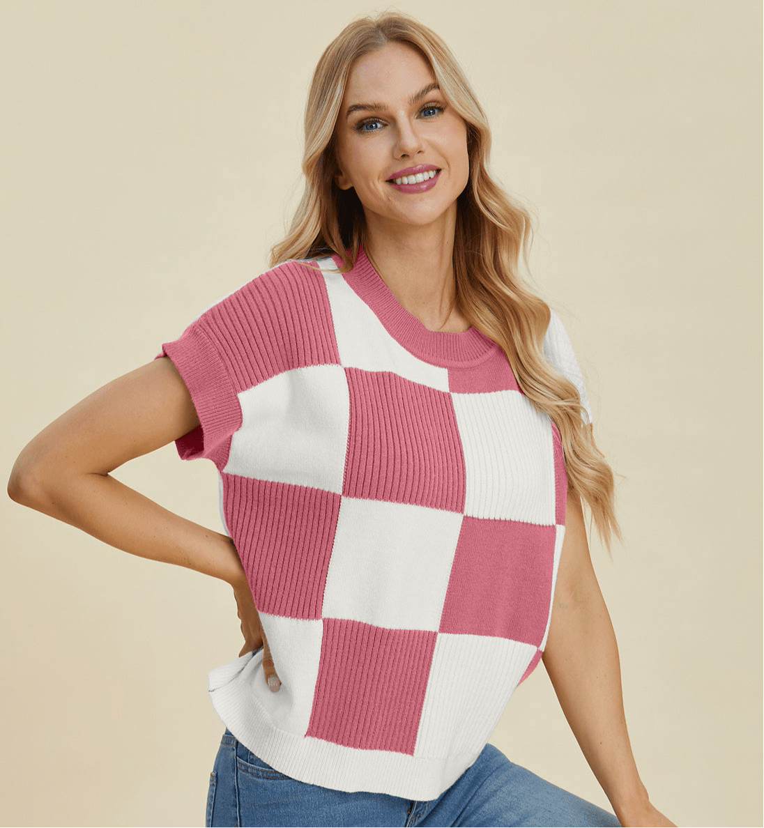 Double Take Full Size Checkered Round Neck Short Sleeve Sweater | Tops | 9