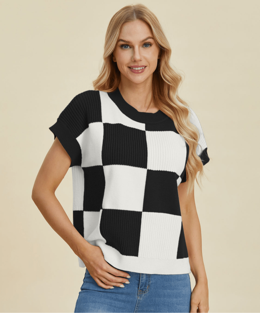 Double Take Full Size Checkered Round Neck Short Sleeve Sweater | Tops | 1