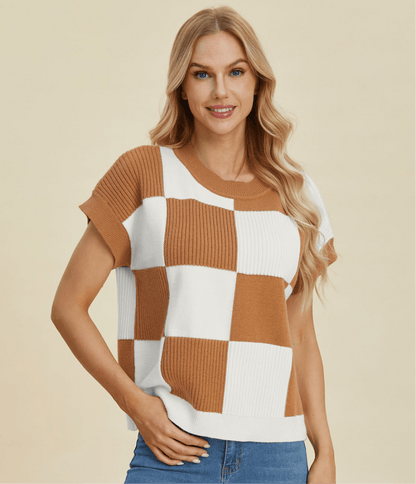 Double Take Full Size Checkered Round Neck Short Sleeve Sweater | Tops | 13