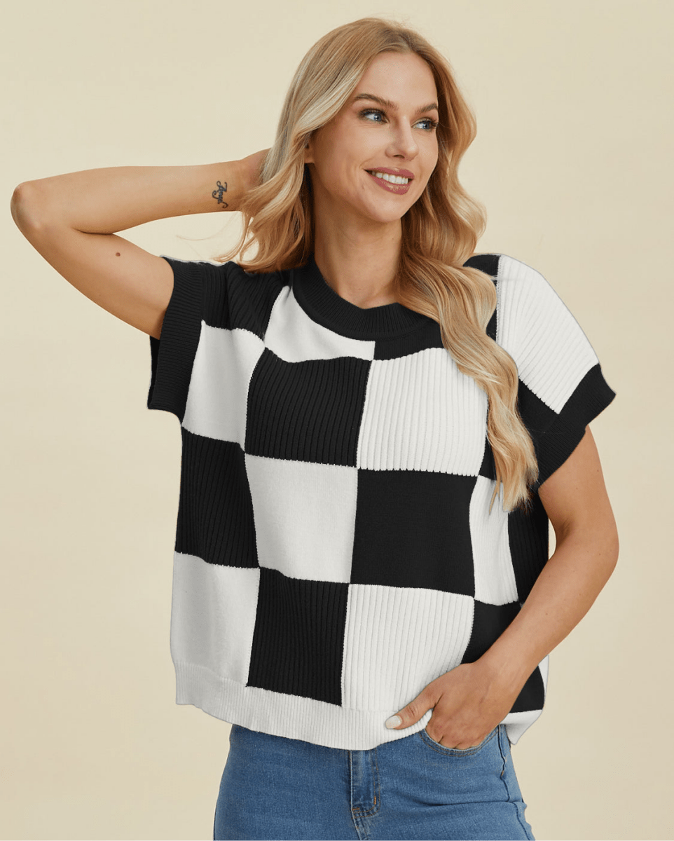 Double Take Full Size Checkered Round Neck Short Sleeve Sweater | Tops | 3