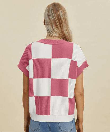 Double Take Full Size Checkered Round Neck Short Sleeve Sweater | Tops | 7