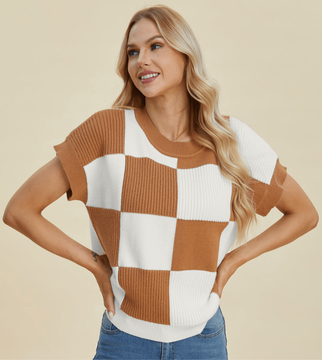 Double Take Full Size Checkered Round Neck Short Sleeve Sweater | Tops | 12