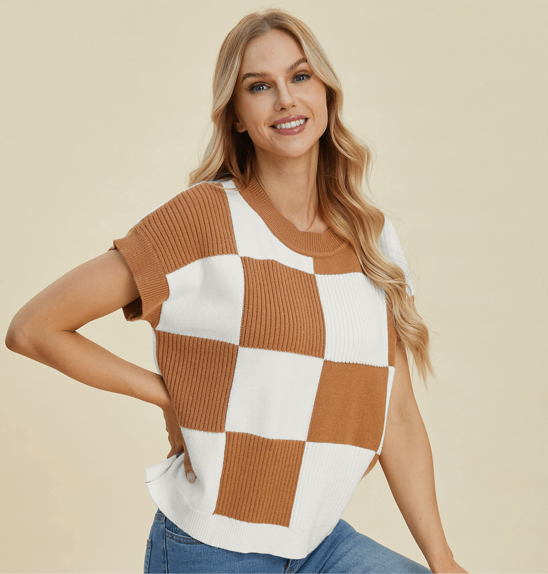 Double Take Full Size Checkered Round Neck Short Sleeve Sweater | Tops | 11