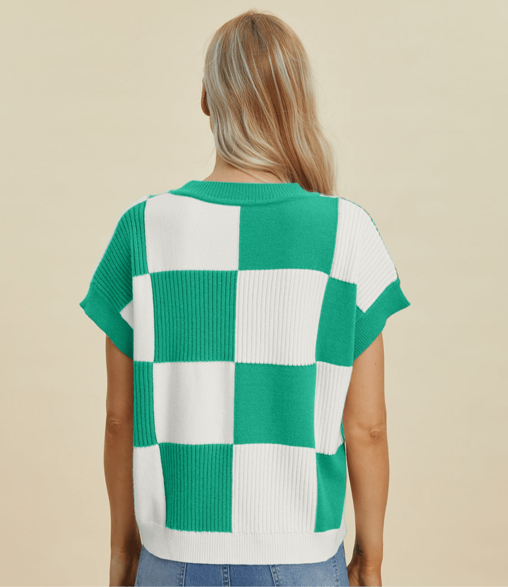 Double Take Full Size Checkered Round Neck Short Sleeve Sweater | Tops | 20