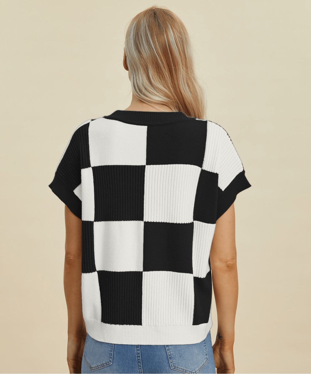 Double Take Full Size Checkered Round Neck Short Sleeve Sweater | Tops | 5